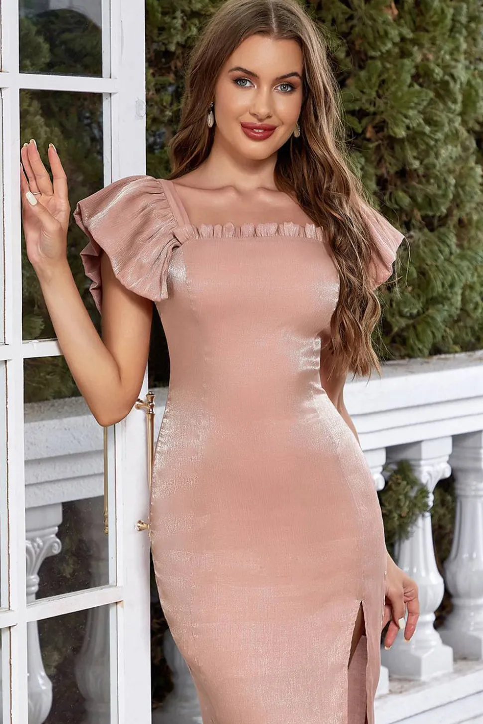 Blush Pescoço Quadrado Cap Mangas Bodycon Vestido de Festa Longo