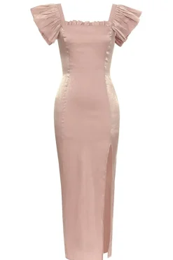 Blush Pescoço Quadrado Cap Mangas Bodycon Vestido de Festa Longo