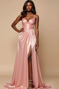 Blush Pink Bainha V-Neck plissado Cetim Prom Dress