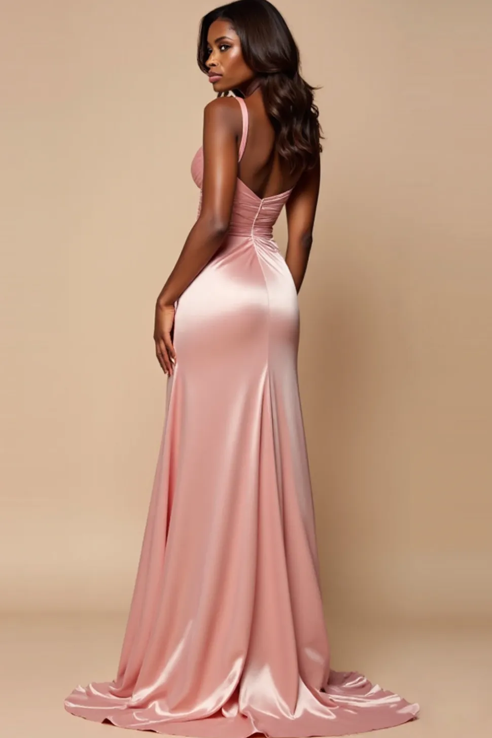 Blush Pink Bainha V-Neck plissado Cetim Prom Dress