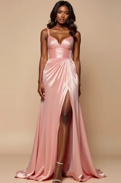 Blush Pink Bainha V-Neck plissado Cetim Prom Dress