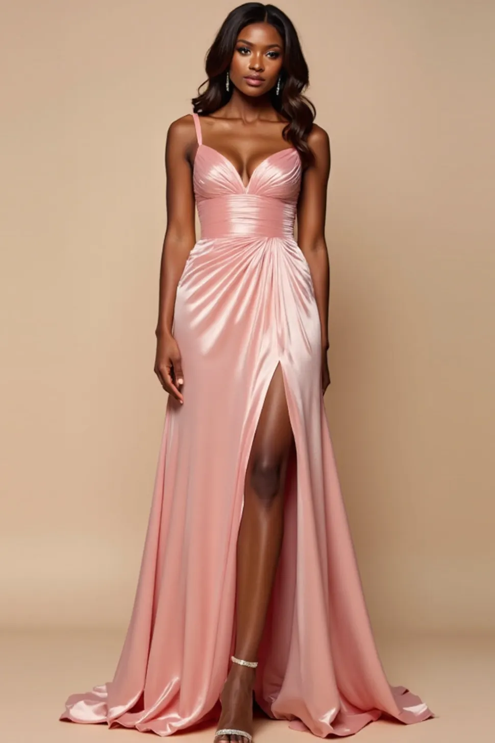 Blush Pink Bainha V-Neck plissado Cetim Prom Dress