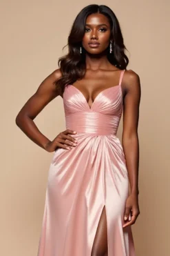 Blush Pink Bainha V-Neck plissado Cetim Prom Dress