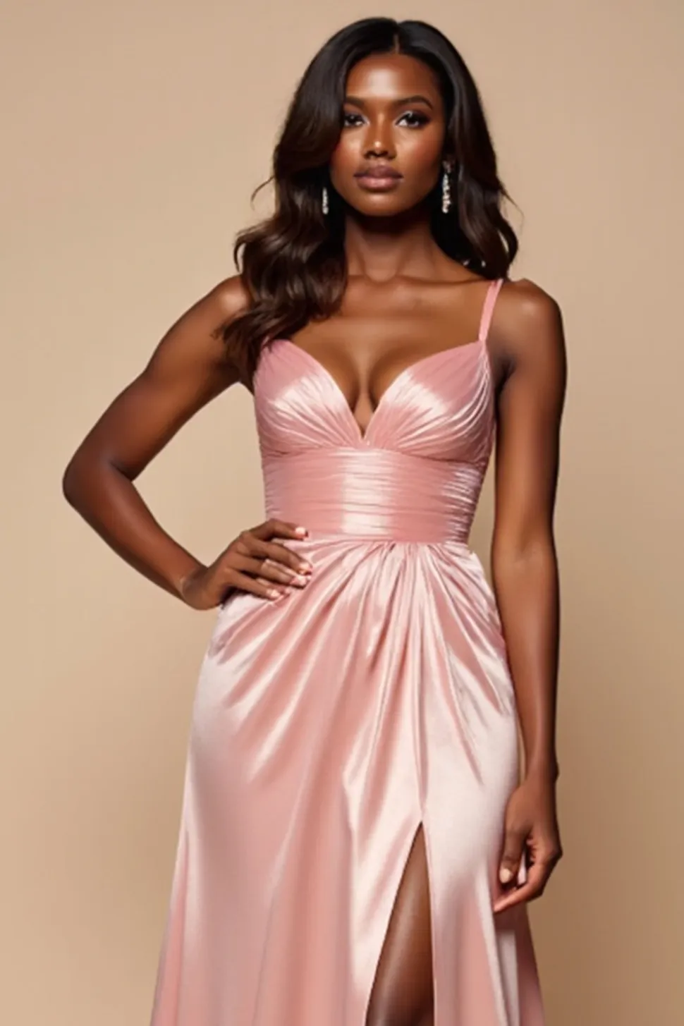 Blush Pink Bainha V-Neck plissado Cetim Prom Dress