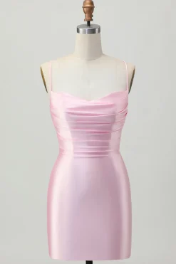 Blush Pink Bodycon Esparguete Correias Vestido Curto Homecoming com Renda Up Back