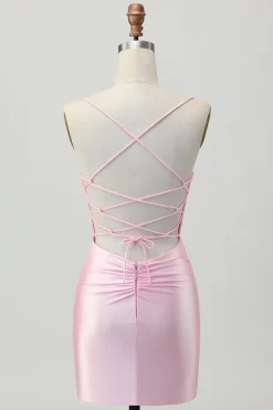 Blush Pink Bodycon Esparguete Correias Vestido Curto Homecoming com Renda Up Back