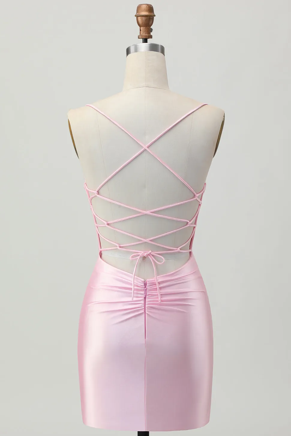 Blush Pink Bodycon Esparguete Correias Vestido Curto Homecoming com Renda Up Back
