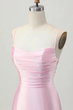 Blush Pink Bodycon Esparguete Correias Vestido Curto Homecoming com Renda Up Back