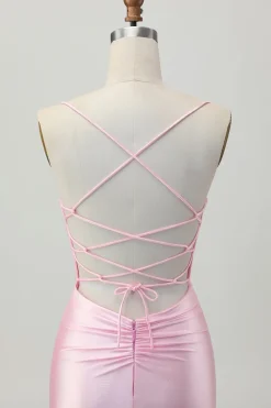 Blush Pink Bodycon Esparguete Correias Vestido Curto Homecoming com Renda Up Back