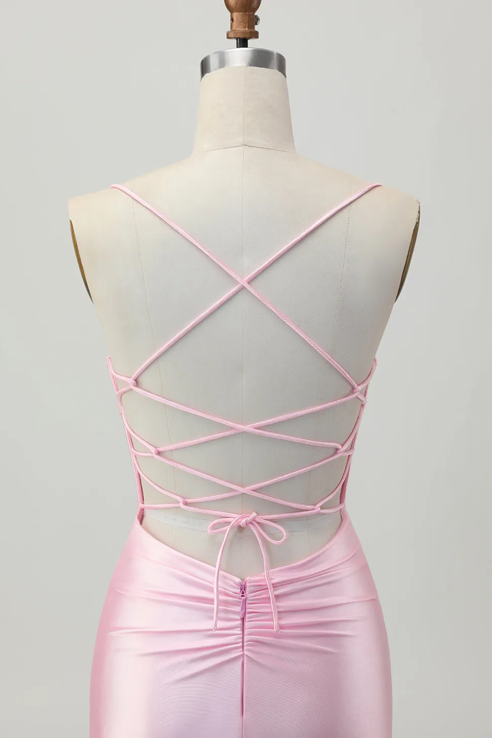 Blush Pink Bodycon Esparguete Correias Vestido Curto Homecoming com Renda Up Back