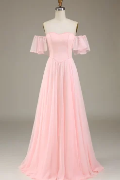 Blush rosa A-line fora do ombro Chiffon longo vestido de dama de honra