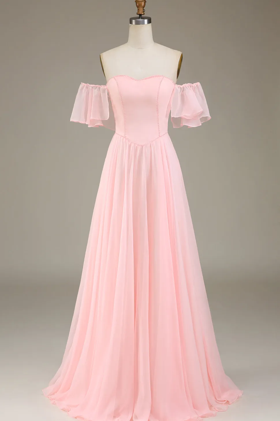Blush rosa A-line fora do ombro Chiffon longo vestido de dama de honra