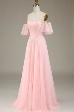 Blush rosa A-line fora do ombro Chiffon longo vestido de dama de honra
