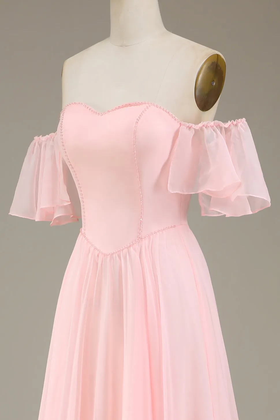 Blush rosa A-line fora do ombro Chiffon longo vestido de dama de honra