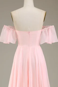 Blush rosa A-line fora do ombro Chiffon longo vestido de dama de honra