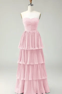 Blush Rosa A-Line Strapless plissado vestido longo da dama de honra