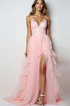 Blush Rosa Uma Linha Esparguete Correias Longo Vestido de Baile Com Folhos