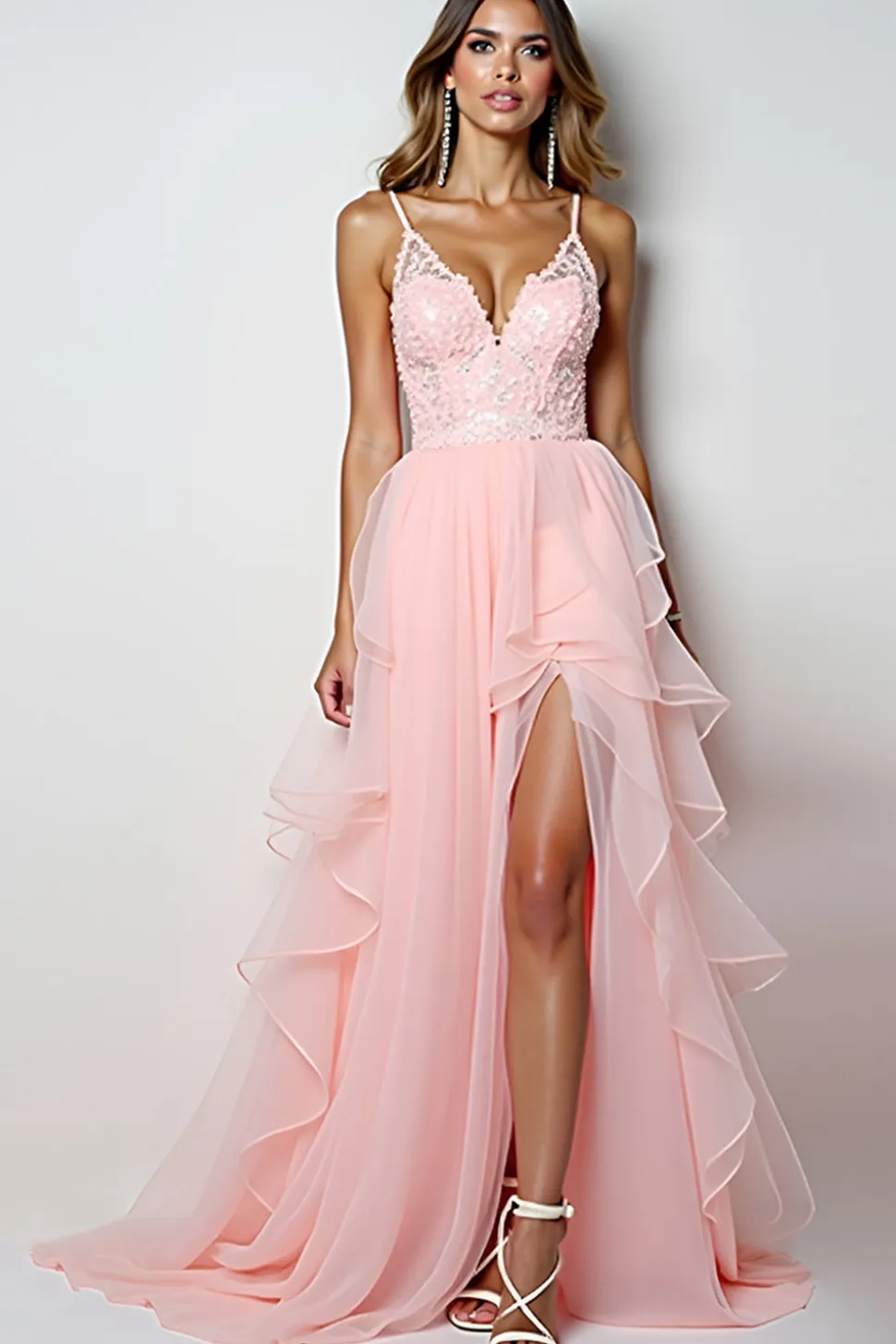 Blush Rosa Uma Linha Esparguete Correias Longo Vestido de Baile Com Folhos
