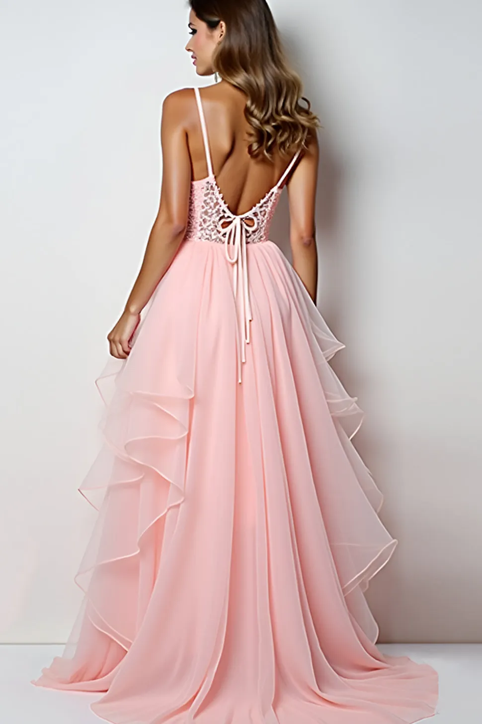 Blush Rosa Uma Linha Esparguete Correias Longo Vestido de Baile Com Folhos