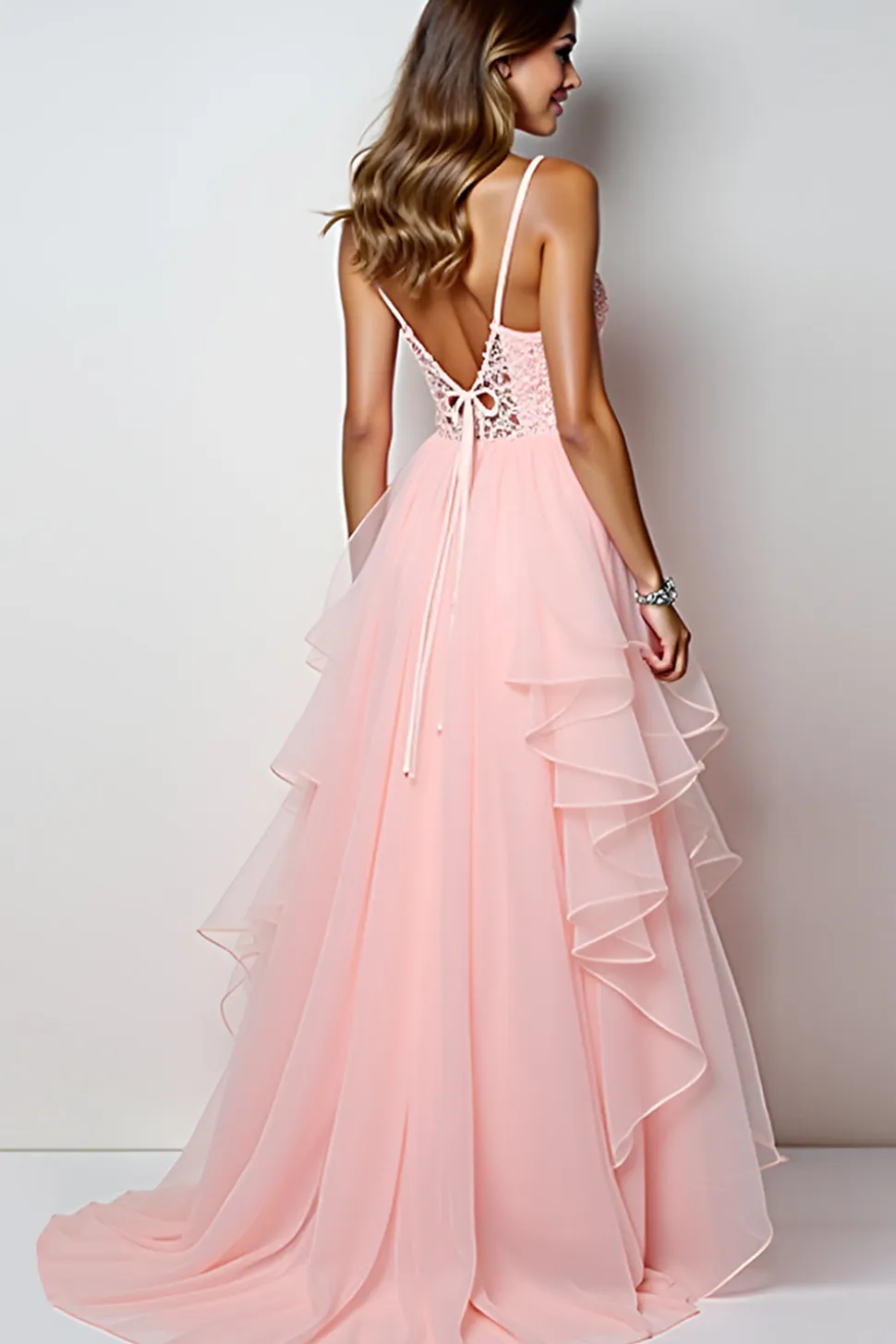 Blush Rosa Uma Linha Esparguete Correias Longo Vestido de Baile Com Folhos