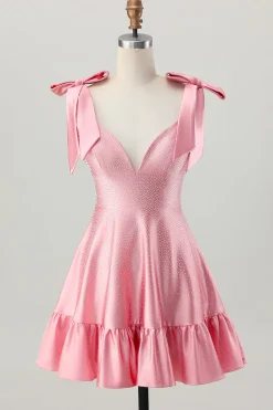 Blush Rosa Uma Linha V-Neck Cetim Homecoming Dress com laços