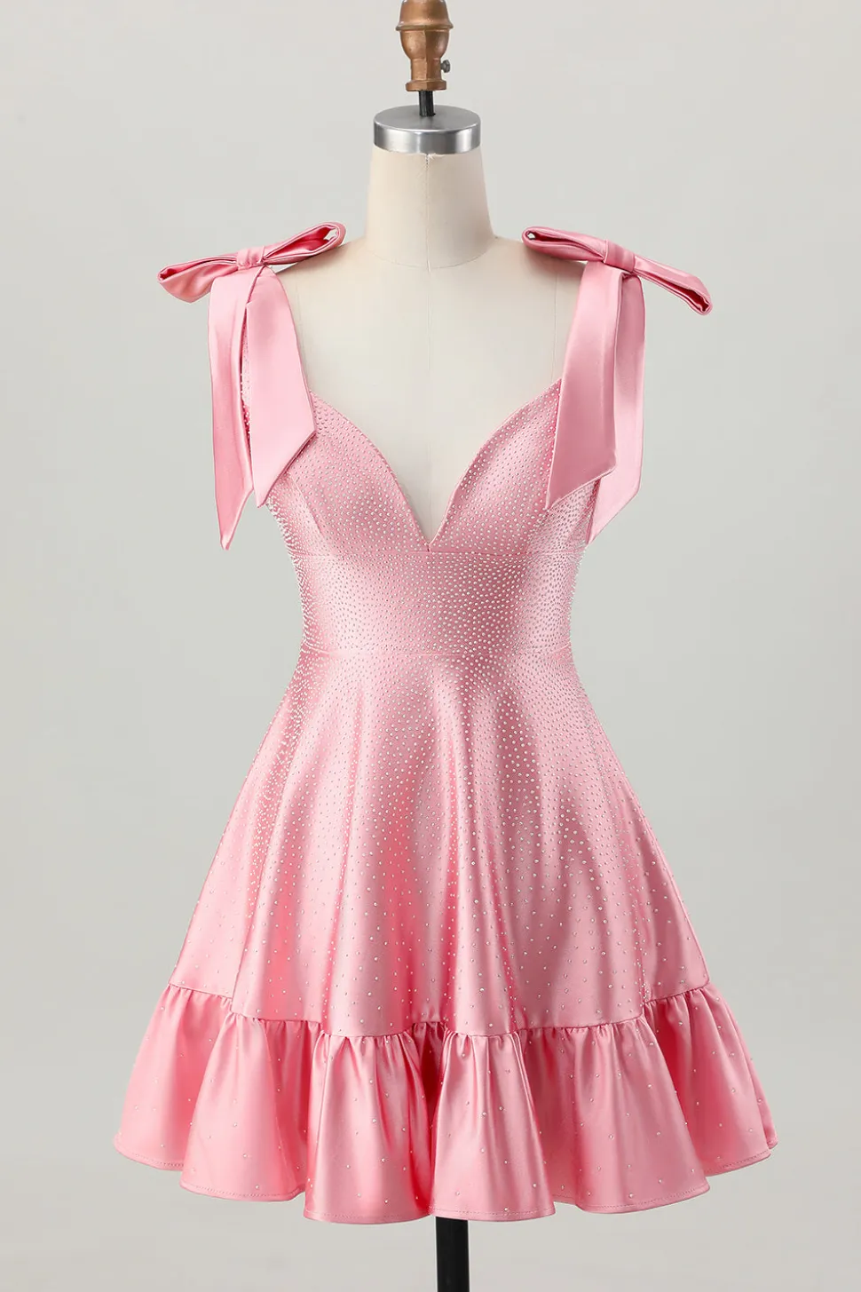 Blush Rosa Uma Linha V-Neck Cetim Homecoming Dress com laços