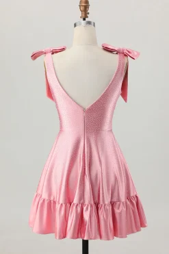 Blush Rosa Uma Linha V-Neck Cetim Homecoming Dress com laços