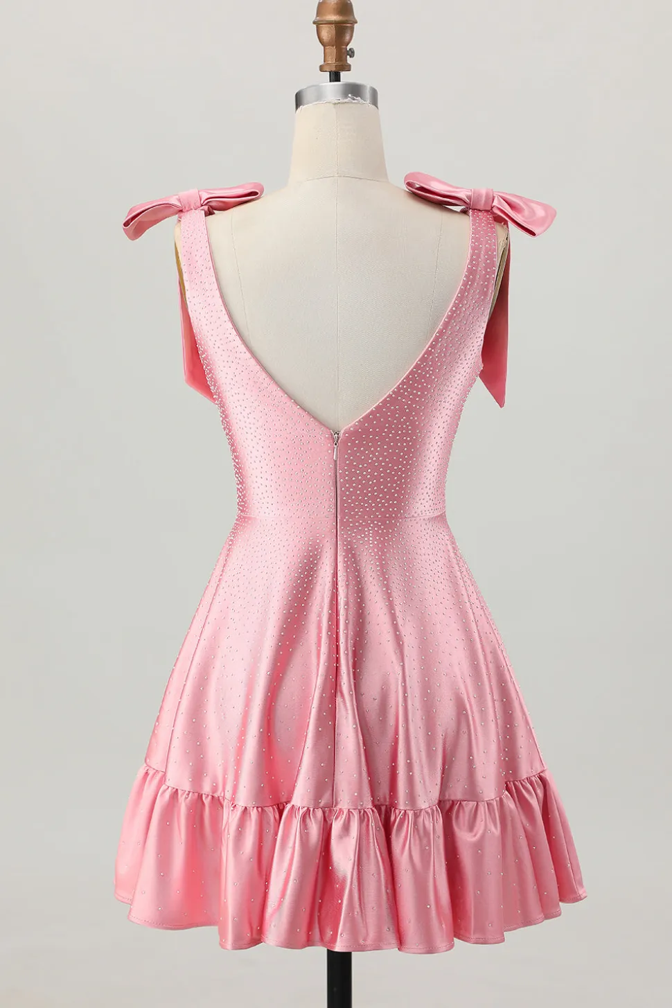 Blush Rosa Uma Linha V-Neck Cetim Homecoming Dress com laços