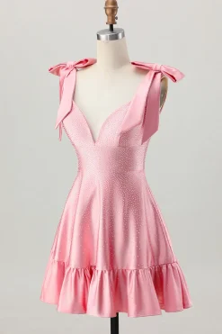 Blush Rosa Uma Linha V-Neck Cetim Homecoming Dress com laços
