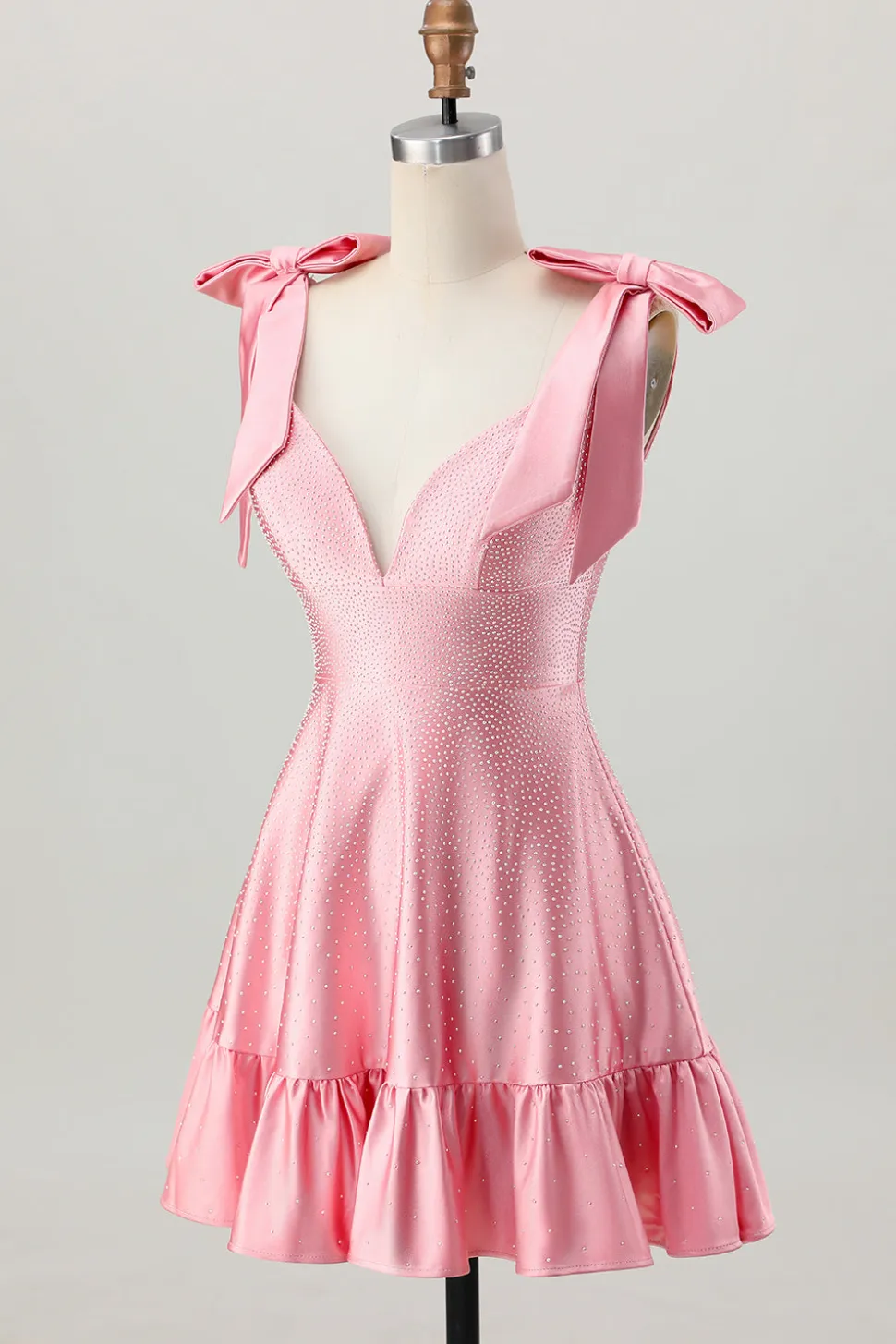 Blush Rosa Uma Linha V-Neck Cetim Homecoming Dress com laços