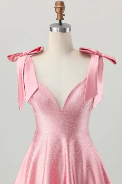 Blush Rosa Uma Linha V-Neck Cetim Homecoming Dress com laços