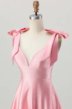 Blush Rosa Uma Linha V-Neck Cetim Homecoming Dress com laços