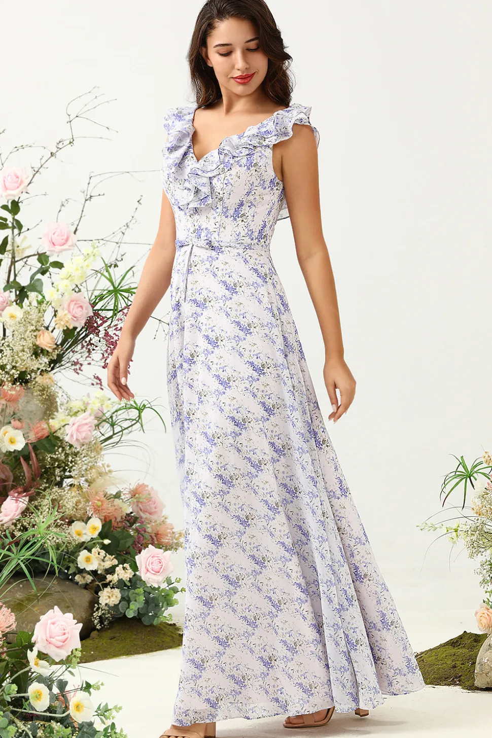 Blush Roxo Flor Boho Chiffon Vestido Madrinha