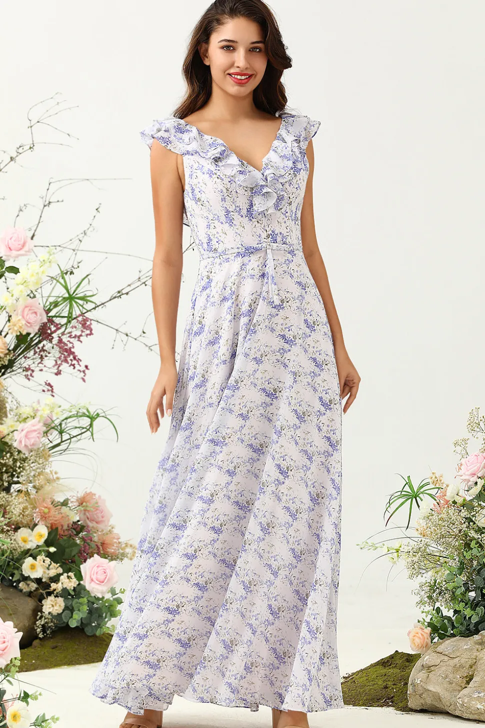 Blush Roxo Flor Boho Chiffon Vestido Madrinha