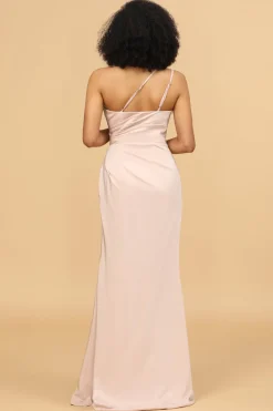 Blush Satin Sereia Um Ombro Longo Vestido de dama de honra com fenda