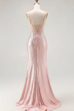 Blush Sereia Corset frisado longo vestido de baile com renda para trás