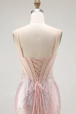 Blush Sereia Corset frisado longo vestido de baile com renda para trás