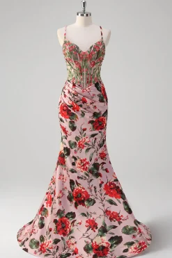 Blush Sereia Esparguete Correias Espartilho Vestido Floral Prom