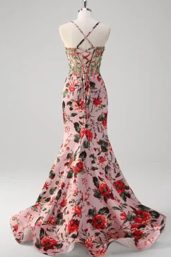 Blush Sereia Esparguete Correias Espartilho Vestido Floral Prom