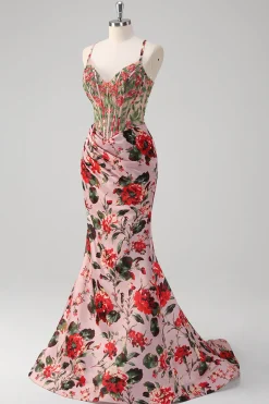Blush Sereia Esparguete Correias Espartilho Vestido Floral Prom