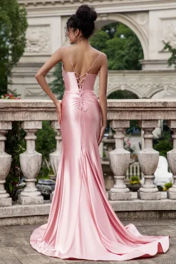 Blush Sereia Esparguete Correias Cetim Long Prom Dress com Fenda