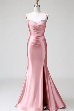 Blush Sereia Esparguete Correias Cetim Prom Vestido com Fenda