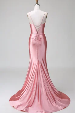 Blush Sereia Esparguete Correias Cetim Prom Vestido com Fenda
