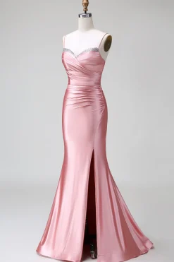 Blush Sereia Esparguete Correias Cetim Prom Vestido com Fenda