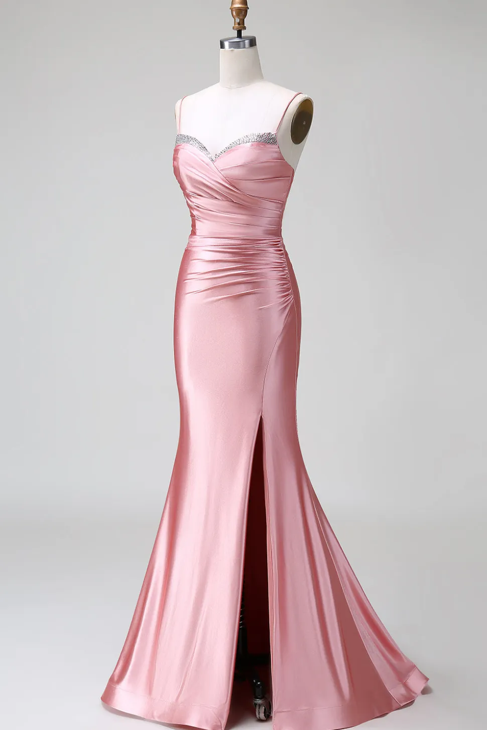 Blush Sereia Esparguete Correias Cetim Prom Vestido com Fenda
