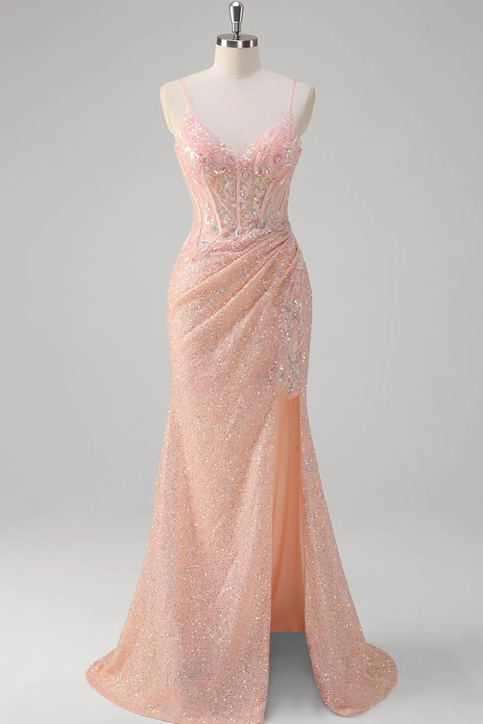 Blush Sereia Esparguete Correias Corset Sequined Long Prom Dress