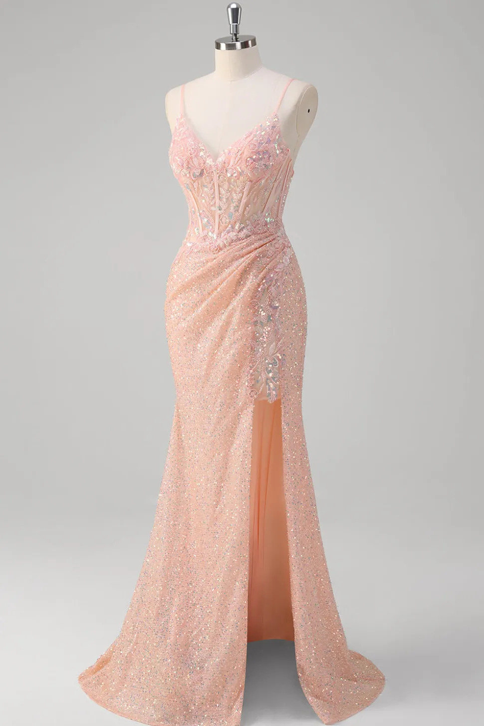 Blush Sereia Esparguete Correias Corset Sequined Long Prom Dress