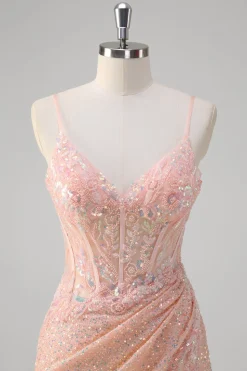 Blush Sereia Esparguete Correias Corset Sequined Long Prom Dress