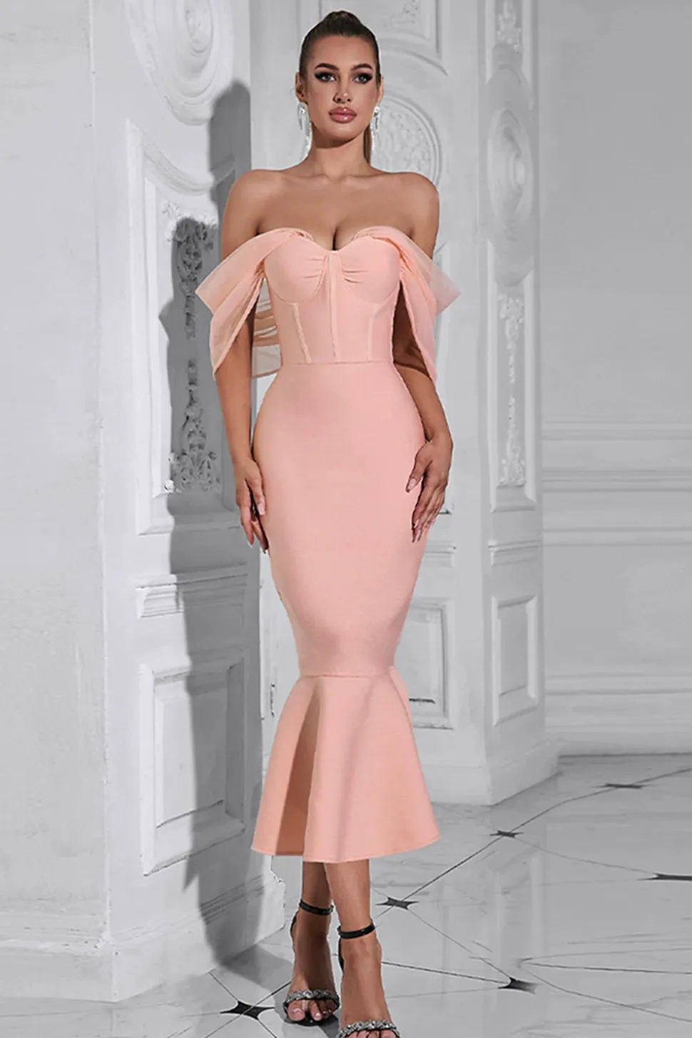 Blush Sereia Espartilho Fora do Ombro Tea Length Prom Dress