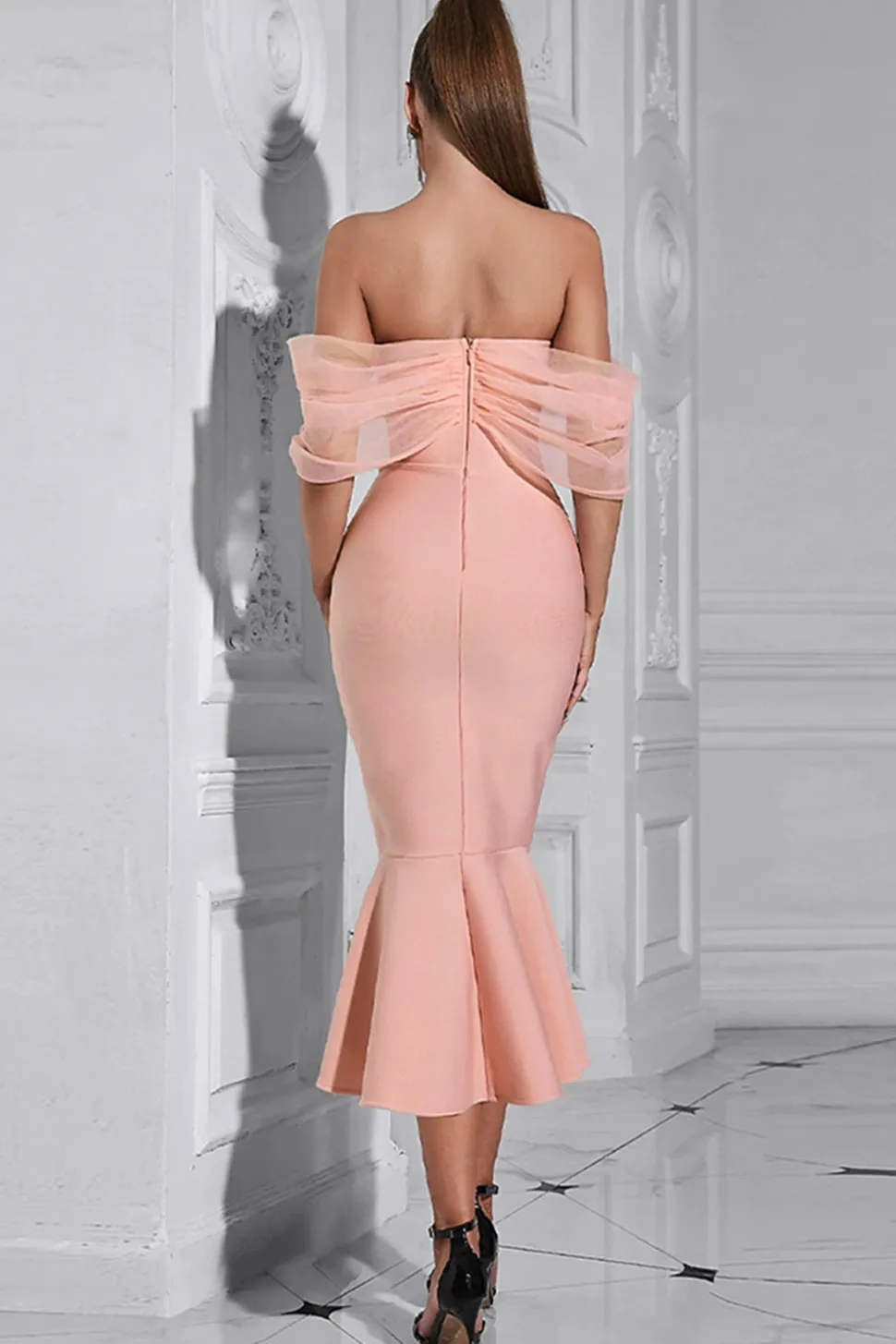 Blush Sereia Espartilho Fora do Ombro Tea Length Prom Dress